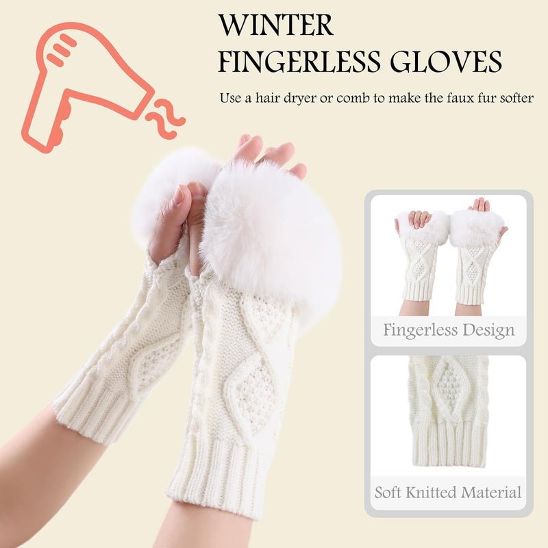 Pesaat Knit Arm Warmers Faux Fur Fingerless Gloves for Women Winter Wrist Warmers with Thumb Hole - Image 3